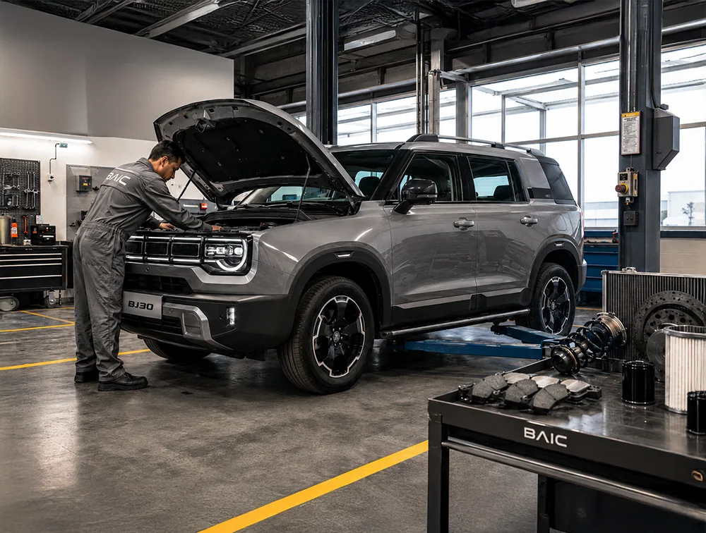 Técnico BAIC revisando el motor de una BJ30 en el taller oficial